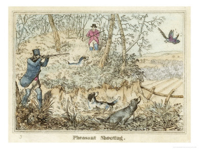 Pheasant, Two Men and Their Dogs Shoot from a Clearing