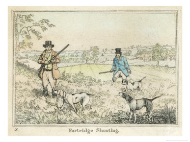 Partridge, Two Men and Their Dogs Looking for Partridge in an Open Field