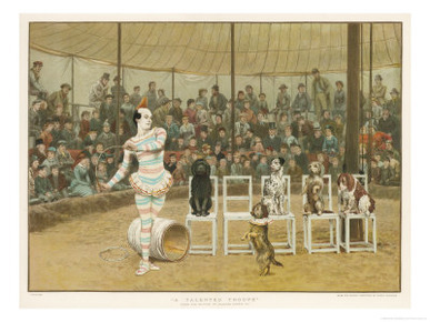 Circus Clown with Five Dogs in a Circus Ring