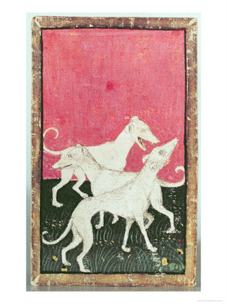 Three Hunting Dogs, One of a Set of Playing Cards, Courtly Hawking, Upper Rhein Are, c.1440-45