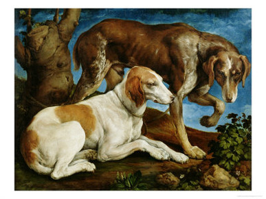 Two Hunting Dogs Tied to a Tree Stump, c.1548-50